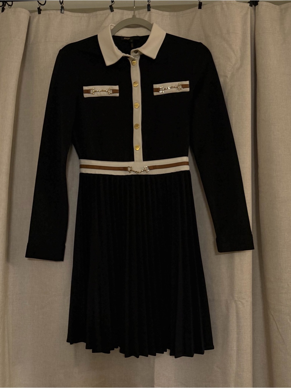 MAJE Roulia Black & White Faux Leather Embellished Pleated Shirt Dress - Picture 3 of 6